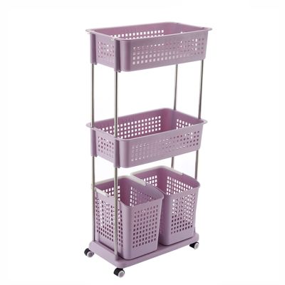 ZARUX Utility Organizer Cart Laundry Hamper 3 Section with 2 Laundry Basket and Wheels, Plastic Slim Laundry Sorter Cart for Bathroom, Apartments, Corner & Guest Room (Color : Purple)