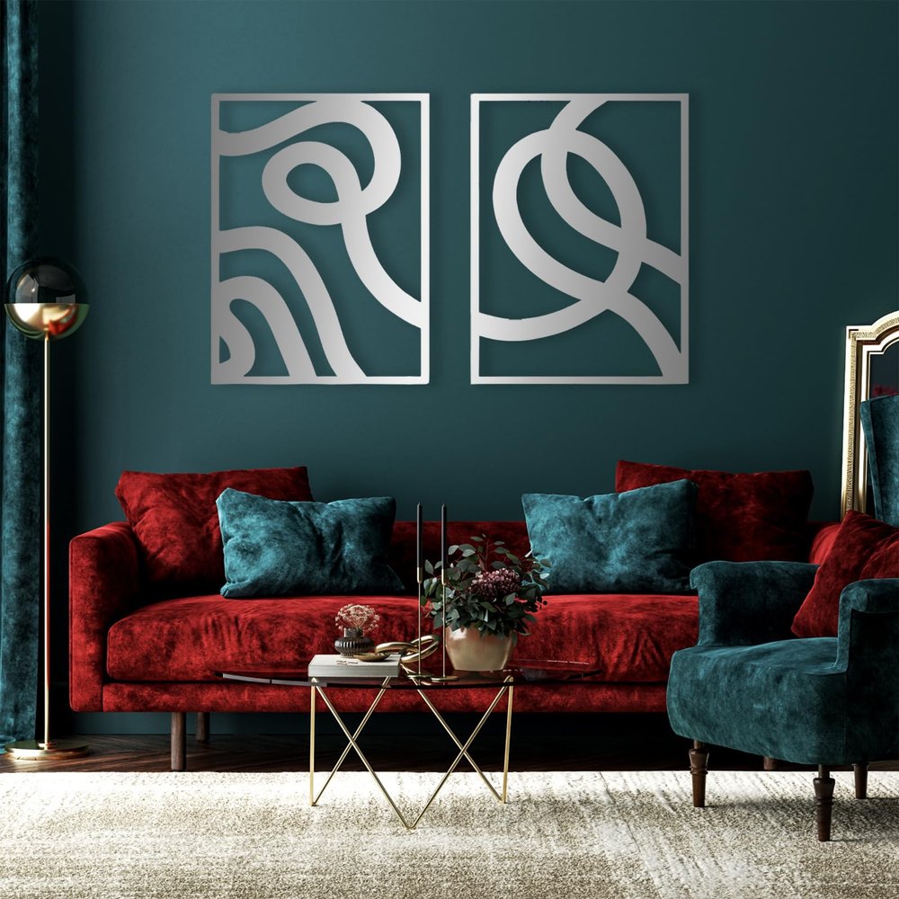 Minimalist Metal Wall Art, Abstract Metal Wall Art, 2 Pieces Metal Wall Art, Modern Metal Wall Decor, Unique Wall Decor, Mid Century Modern Metal Wall Art, Above Bed Decor (Silver, 41 x 62 inch / 105 x 158 cm)