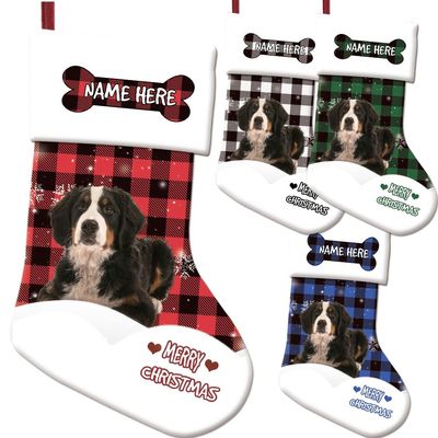 MALIHONG Personalized Cute Bernese Mountain Dog Christmas Stocking Buffalo Plaid Check Snowflake Stocking Pet Dog Bone Custom Name Gift Candy Bag Fireplace Hanging Decor Stocking 14.4"