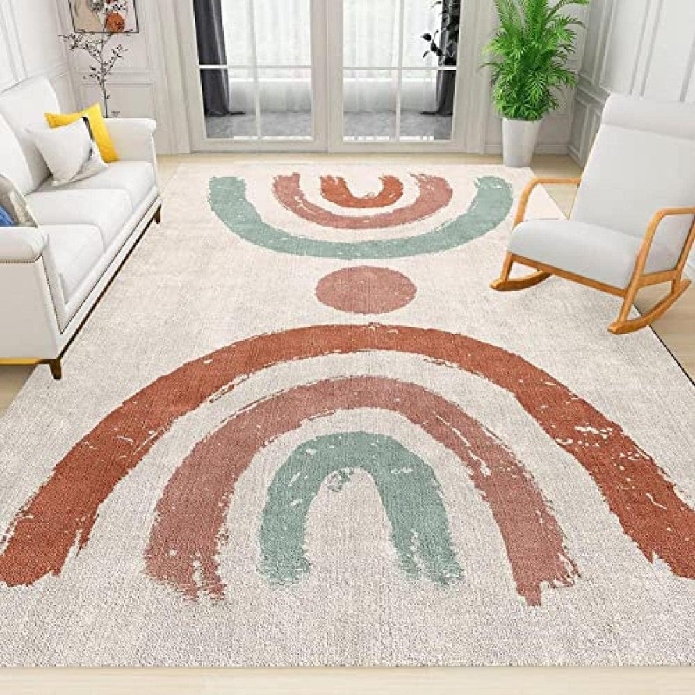 Area Rugs 3x5ft, Red Cyan Rainbow Lines Kids Nursery Rugs, Boho Retro European Style Classroom Rug, Non-Slip Large Area Easy To Clean For Kids Boys Girls Living Room Bedroom Game Room Tea Table Sofa