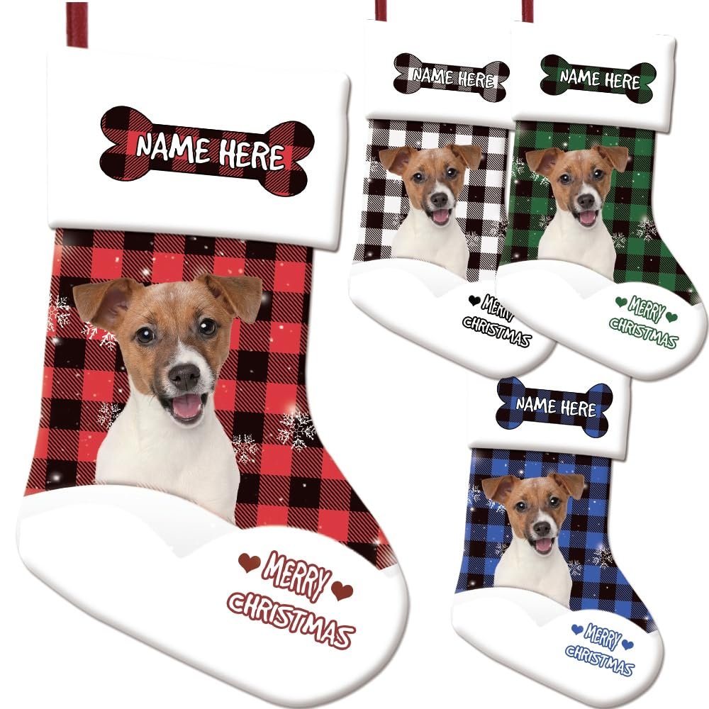 MALIHONG Personalized Cute Jack Russell Terrier Dog Christmas Stocking Buffalo Plaid Check Snowflake Stocking Pet Dog Bone Custom Name Gift Candy Bag Fireplace Hanging Decor Stocking 14.4"