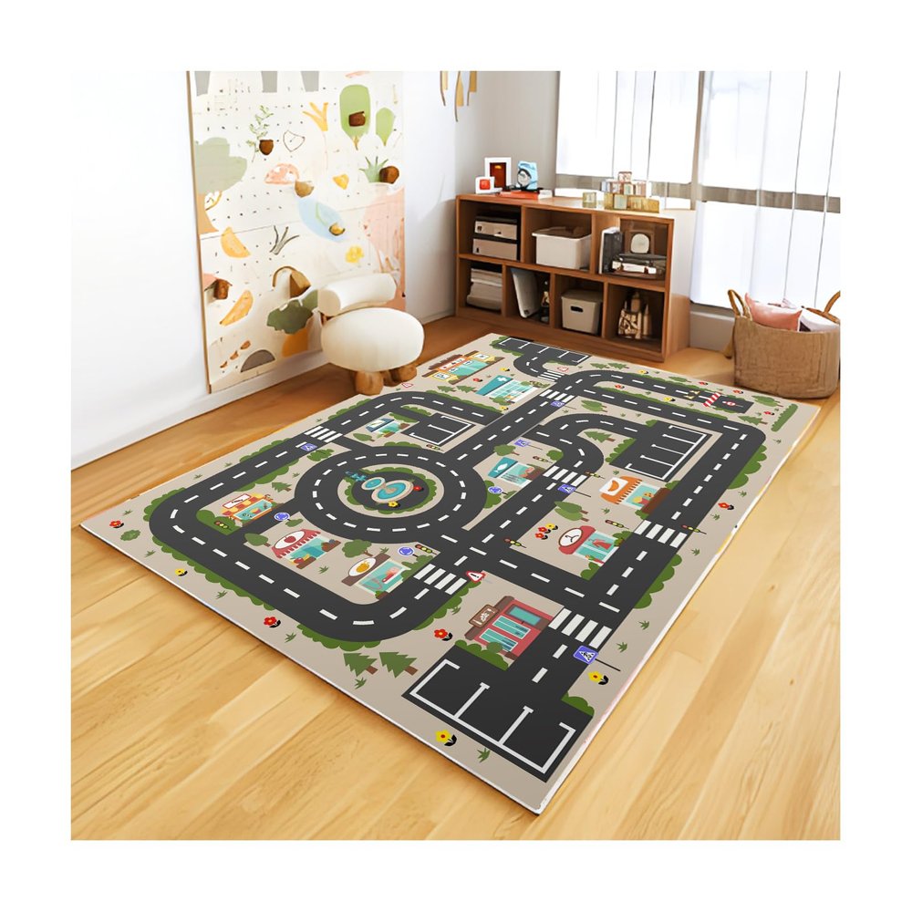Analog ABC Kids Rug Playroom Car Play Mat City Life Road Rug for Cars Fun City Map for Carpet for Bedroom Boys (78 * 118 inches, Evening City)