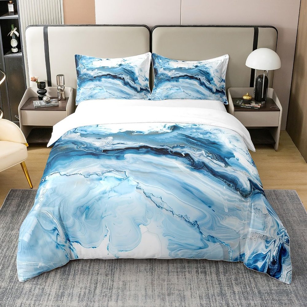 Erosebridal 100% Organic Cotton Blue Marble Duvet Cover Twin Size Modern Simple Abstract Theme Soft Bedding Set Tie-Dye Style Comforter Cover Set for Adult Women Girls