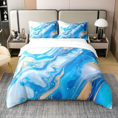 Erosebridal 100% Cotton Blue Marble Bedding Twin Girls Women Duvet Cover Sets Blue Bronzing Marble Pattern Printed Comforter Cover for Teen Girls Men Boys Golden Stripe Texture Decor Comforter Set