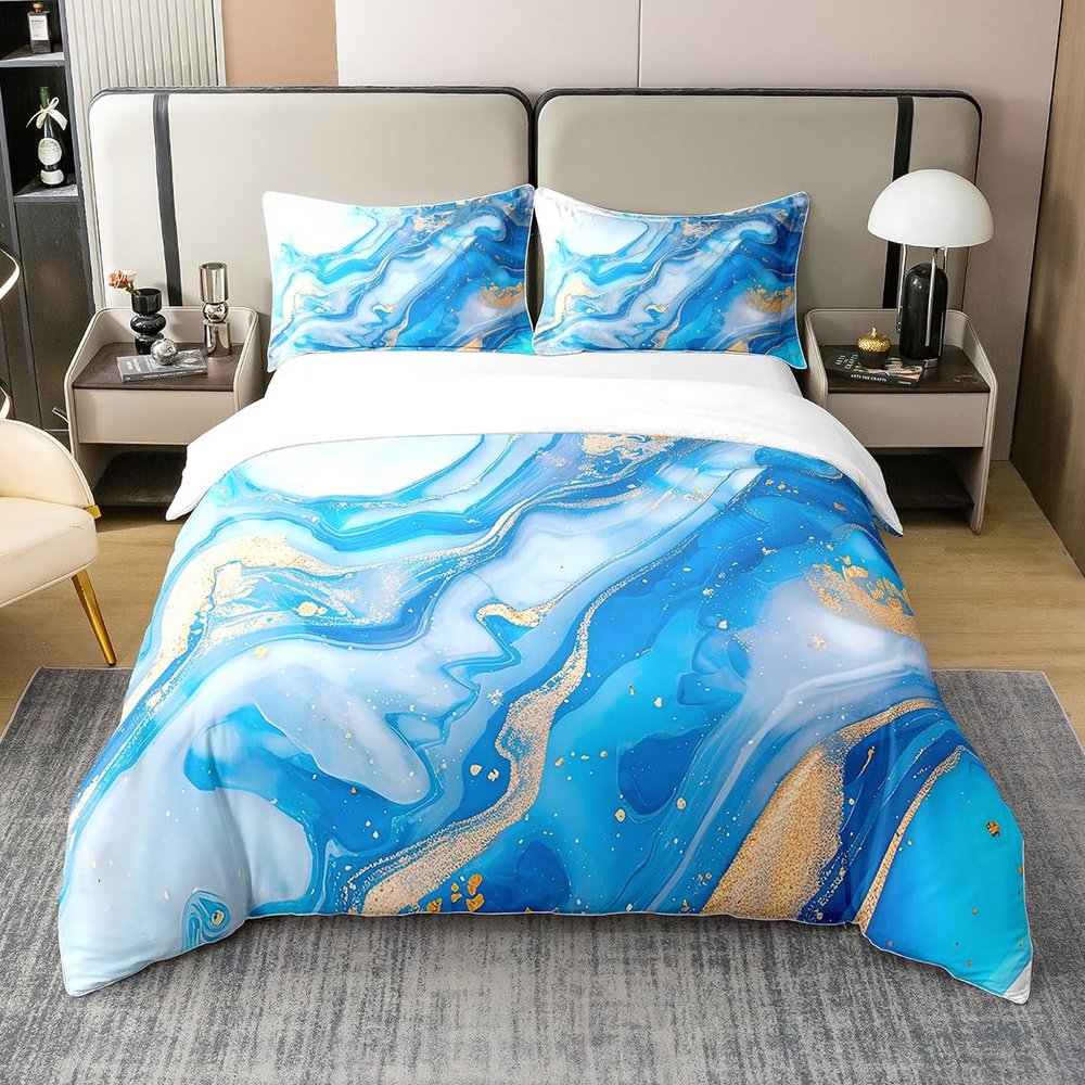 Erosebridal 100% Cotton Blue Marble Bedding Twin Girls Women Duvet Cover Sets Blue Bronzing Marble Pattern Printed Comforter Cover for Teen Girls Men Boys Golden Stripe Texture Decor Comforter Set