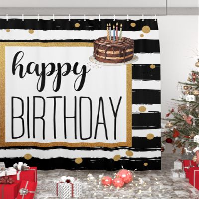Anzona Happy Birthday Waterproof Shower Curtains Set - Standard 66 x 72 Inch, Watercolor Cake Black White Striped Polyester Fabric Bathroom Curtain with 12 Hooks, Bathroom Accessories, 1 Panel