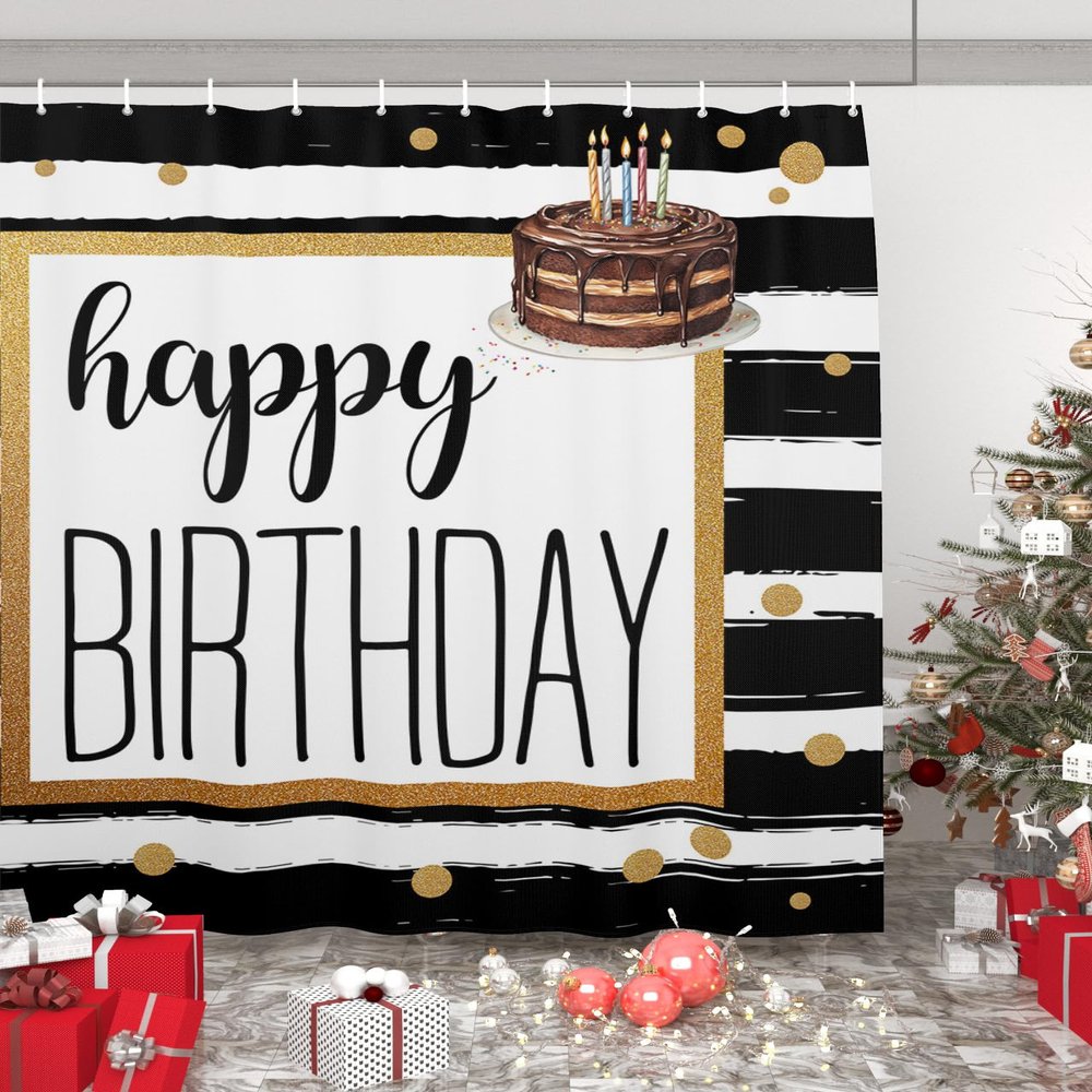 Anzona Happy Birthday Waterproof Shower Curtains Set - Standard 66 x 72 Inch, Watercolor Cake Black White Striped Polyester Fabric Bathroom Curtain with 12 Hooks, Bathroom Accessories, 1 Panel