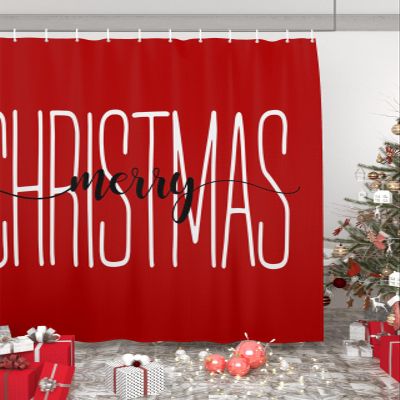 Anzona Merry Christmas Red Waterproof Shower Curtains Set - Extra Long 72 x 96 Inch, Red Xmas Words Polyester Fabric Bathroom Curtain with 12 Hooks, Bathroom Accessories, 1 Panel