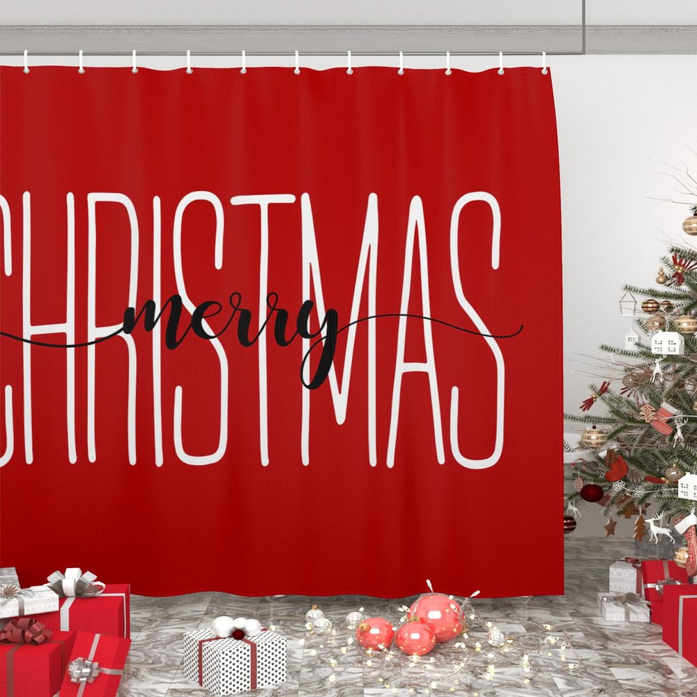 Anzona Merry Christmas Red Waterproof Shower Curtains Set - Extra Long 72 x 96 Inch, Red Xmas Words Polyester Fabric Bathroom Curtain with 12 Hooks, Bathroom Accessories, 1 Panel