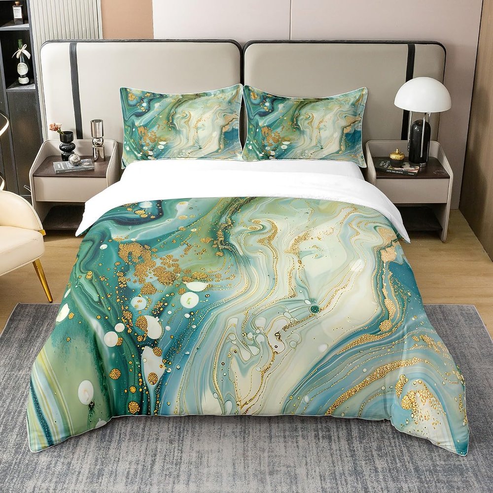 100% Cotton Marble Bedding Set Queen Size Abstract Marble Texture Design Duvet Cover Set for Kids Child,Tie Dye Comforter Cover Set Golden Marbling Quilt Cover Green Ink Fluid Art Marble Home Decor