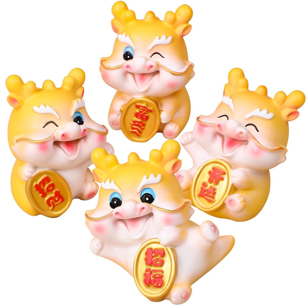 ABOOFAN 4pcs Cute Cartoon Dragon Figurines Resin Statues for Tabletop Decoration Yellow Auspicious Designs for Home Office Decor Adorable Dragon