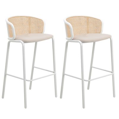 LeisureMod Ervilla Mid-Century Modern Wicker Bar Stool with Fabric Seat and White Powder Coated Steel Frame, Set of 2 (Beige)