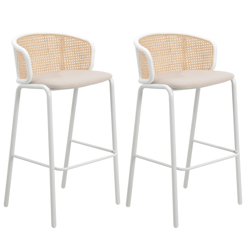 LeisureMod Ervilla Mid-Century Modern Wicker Bar Stool with Fabric Seat and White Powder Coated Steel Frame, Set of 2 (Beige)
