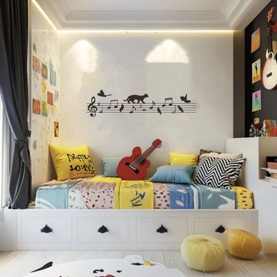Cat Bird Music Note Vinyl Decal Animal Music Kids Room Wall Sticker