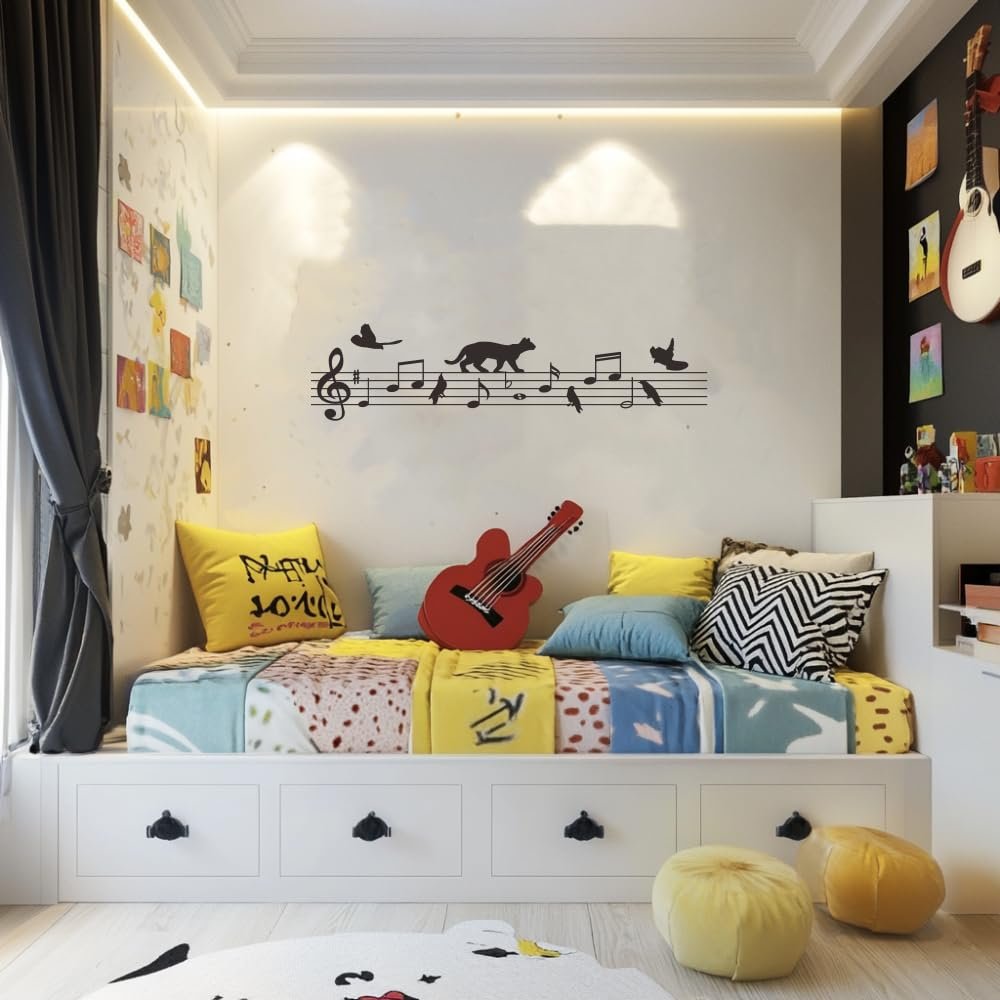 Cat Bird Music Note Vinyl Decal Animal Music Kids Room Wall Sticker