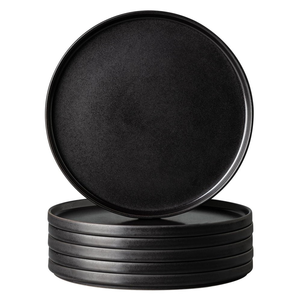 AmorArc Stoneware Dinner Plates Set of 6, 10.5 Inch Reactive Matte Glaze Ceramic Plates Set, Modern Dinnerware Dish set for Kitchen,Microwave, Dishwasher Safe, Scratch Resistant - Matte Black