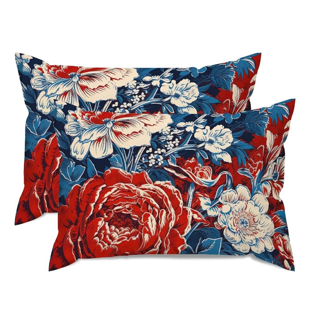 MISSUYSA Red and Blue Chinoiserie Floral Throw Pillow Cover Set of 2 Chinoiserie Lumbar Throw Pillow Cover 20x30in Cotton Linen Accent Square Cushion Cover for Sofa Couch Bed Chair Home