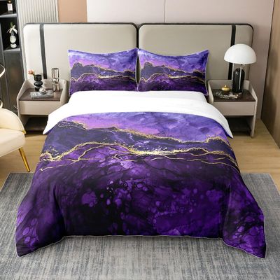 100% Organic Cotton Purple Marble Bedding Set Abstract Gold Purple Comforter Cover,Iridescent Ink Fluid Art Duvet Cover Marbling Modern Luxury Elegant Art Decorative Patchwork Quilt Cover Twin