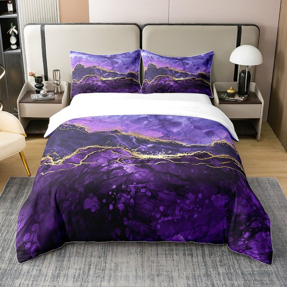 100% Organic Cotton Purple Marble Bedding Set Abstract Gold Purple Comforter Cover,Iridescent Ink Fluid Art Duvet Cover Marbling Modern Luxury Elegant Art Decorative Patchwork Quilt Cover Twin