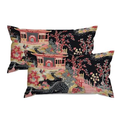MISSUYSA Chinoiserie Charcoal Coral Pagoda Lumbar Pillowcases Set of 2 Chinoiserie Throw Pillowcase 12x24in Decorative Pillow Home Cotton Linen Maximalist Square Cushion Cover for Bedroom Couch Bed