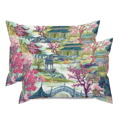 MISSUYSA Asian Style Pillow Cover Chinoiserie Pagoda Coral Blue Cushion Cover Ethnic Style 20x30in Set of 2 Decorative Pillow Home Cotton Linen Accent Lumbar Pillow Cases for Couch Sofa Couch Chair