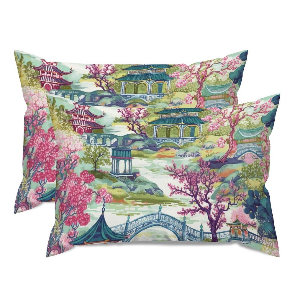 MISSUYSA Asian Style Pillow Cover Chinoiserie Pagoda Coral Blue Cushion Cover Ethnic Style 20x30in Set of 2 Decorative Pillow Home Cotton Linen Accent Lumbar Pillow Cases for Couch Sofa Couch Chair