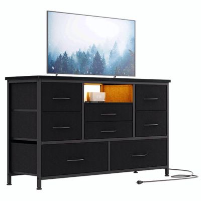 Jojoka 8-Drawer LED Dresser TV Stand with Power Outlet for 55'' TV - Wide Storage Chest for Bedroom, Living Room & Entryway, Wood Top Console Table with 22 Light Modes