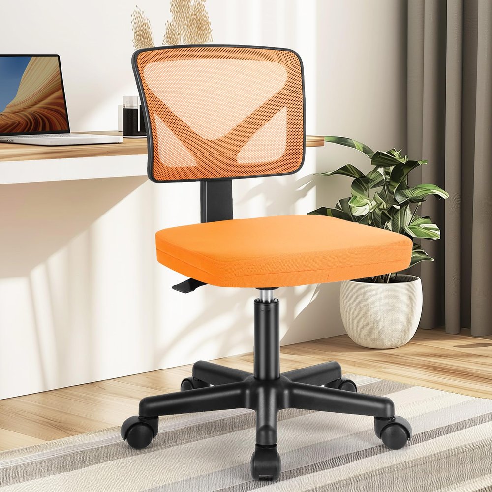 DUMOS Armless Desk Wheels Cute Home Office Chairs, Ergonomic Adjustable Swivel Rolling Task, Comfy Mesh Mid Back Computer Work Vanity Chair for Small Spaces, Orange