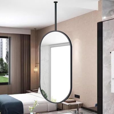 Renmlion Oval Black Ceiling Mounted Mirror Clear and PracticalSuspended Bathroom Vanity Mirror with Metal FrameHanging Rod Mirror Living Room for Home Modern Decorative (Size : 50cmx70cm)
