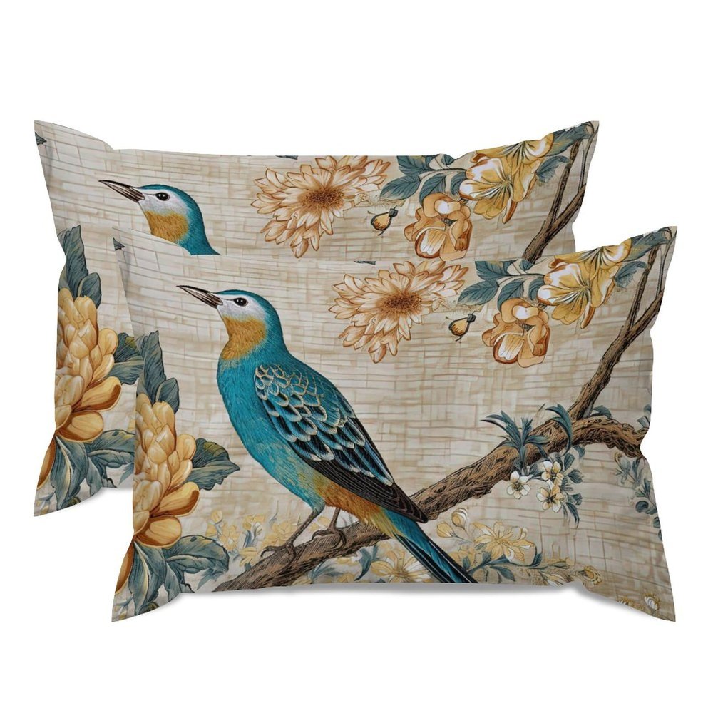 MISSUYSA Asian Style Throw Pillow Case Yellow Grey Chinoiserie Bird Pillowcase Japanese 20x30in Set of 2 Decorative Pillow Home Cotton Linen Accent Rectangular Cushion Cover for Couch Bedroom Sofa