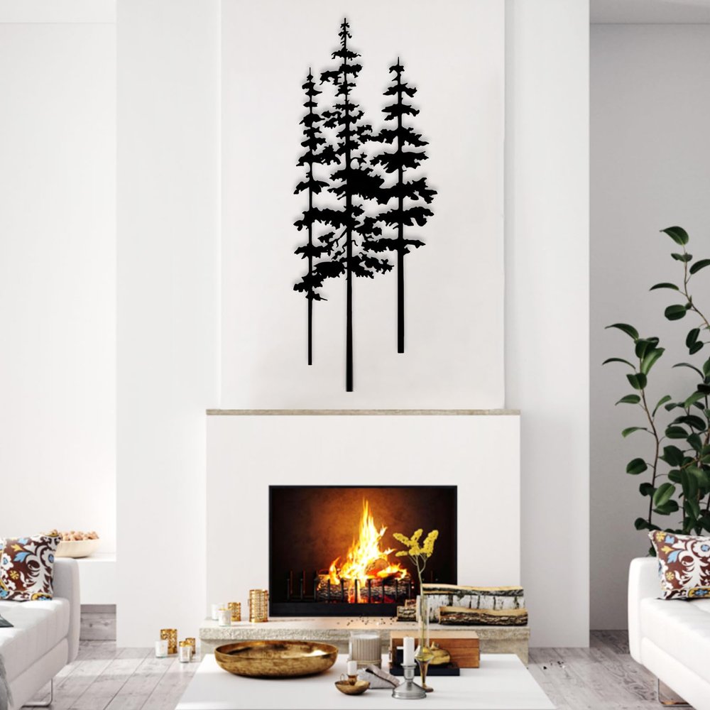 Pine Tree Metal Wall Art - Extra Large Forest Decor, Farmhouse Nature Lover Gift (Black, 19 x 48 inch / 47 x 121 cm)