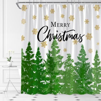 AMFD Merry Christmas Shower Curtain Green Xmas Tree Gold Snowflake Winter Holiday Happy New Year Fabric Bathroom Curtain Set with Hooks(47" Wx70 H)