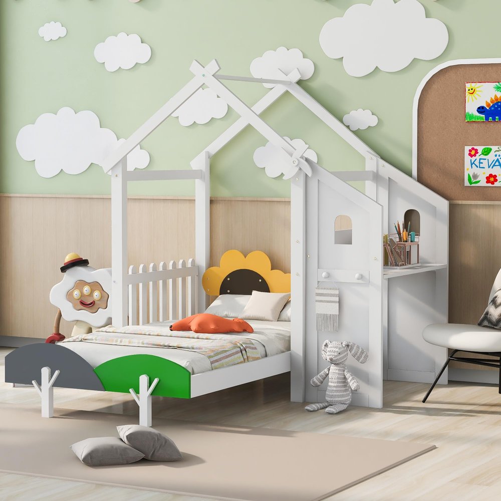 Twin House Bed for Kids, Wood Twin Size Platform Bed with Desk and Two Handles,Twin Kids Bed Frame with Roof,Windmill and Flower Decor for Girls, Boys (White#3)