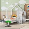 Twin House Bed for Kids, Wood Twin Size Platform Bed with Desk and Two Handles,Twin Kids Bed Frame with Roof,Windmill and Flower Decor for Girls, Boys (White#3) view 1