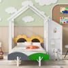 Twin House Bed for Kids, Wood Twin Size Platform Bed with Desk and Two Handles,Twin Kids Bed Frame with Roof,Windmill and Flower Decor for Girls, Boys (White#3) view 3