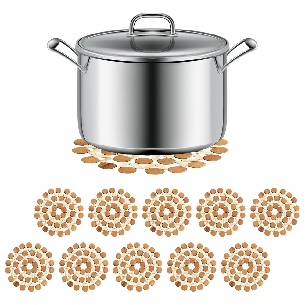 10 Pack Bamboo Trivets for Hot Dishes, Heat Resistant Kitchen Hot Pads, Hot Pads for Countertops, Boho Home Decor, House Essentials for New Home, Festive Design Table Dcor