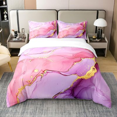 100% Natural Cotton Chic Girly Marble Duvet Cover Queen, Marble Printed Bedding Set, Gold Glitter Pink Purple and White Marble Abstract Art Comforter Cover, Modern Marbling Quilt Cover