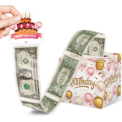 Happy Birthday Money Box for Cash Gift Set - Included Happy Birthday Card and 35Pcs Transparent Bags, Fun Birthday Gift for Women Men, Surprise Money Box Gift with Pull, Pink