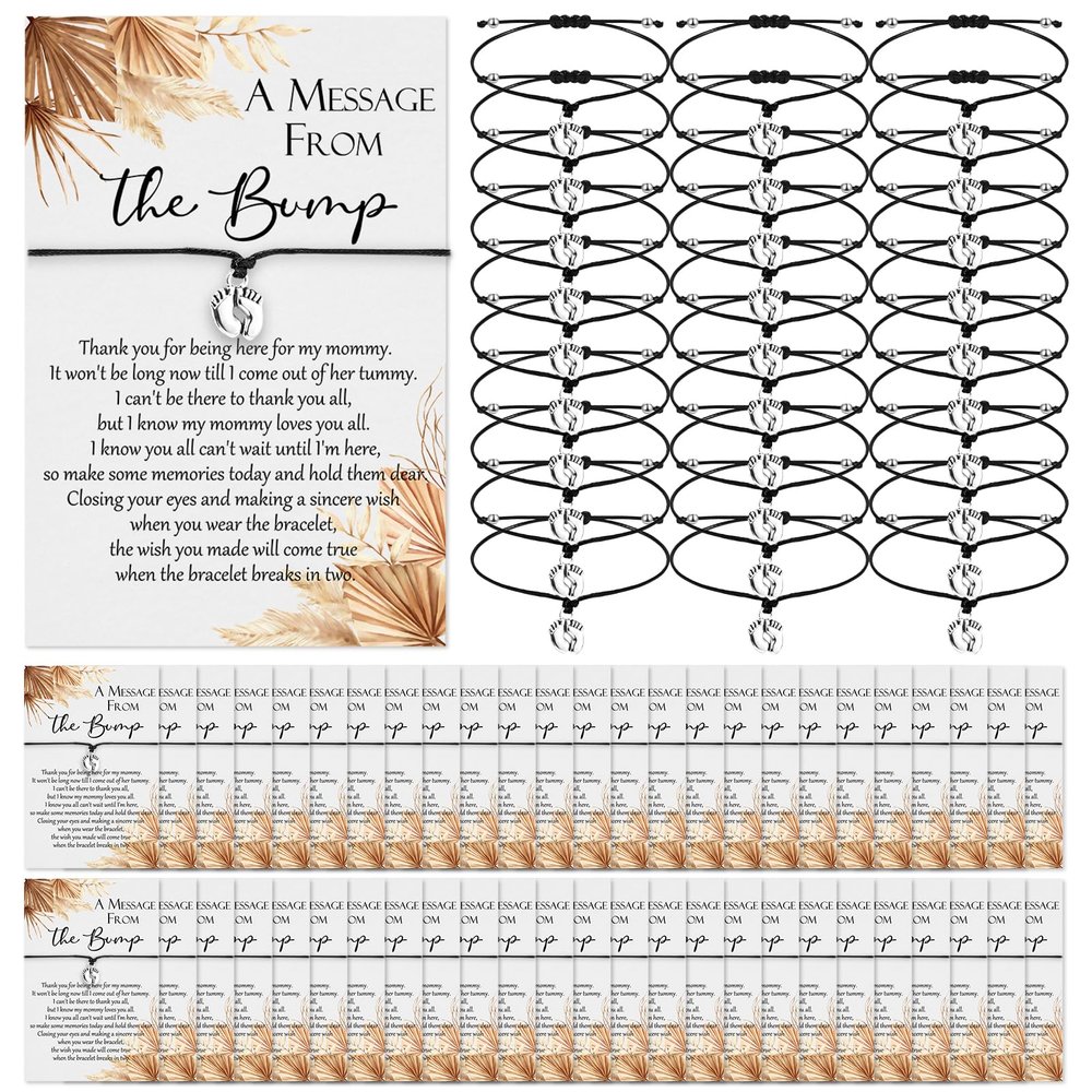 Thyle 50 Set Boho Baby Shower Favors for Guests Adjustable Bracelets with Message from The Bump Card Footprints Charm Baby Shower Bracelets for Gender Reveal Thank You Gifts