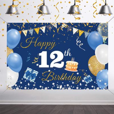 12th Birthday Decorations Backdrop Banner for Boys/Girls Happy 12 Years Old Fabric Sign Poster, Blue Photography Background 12th Birthday Party Supplies, 59"x35.4"