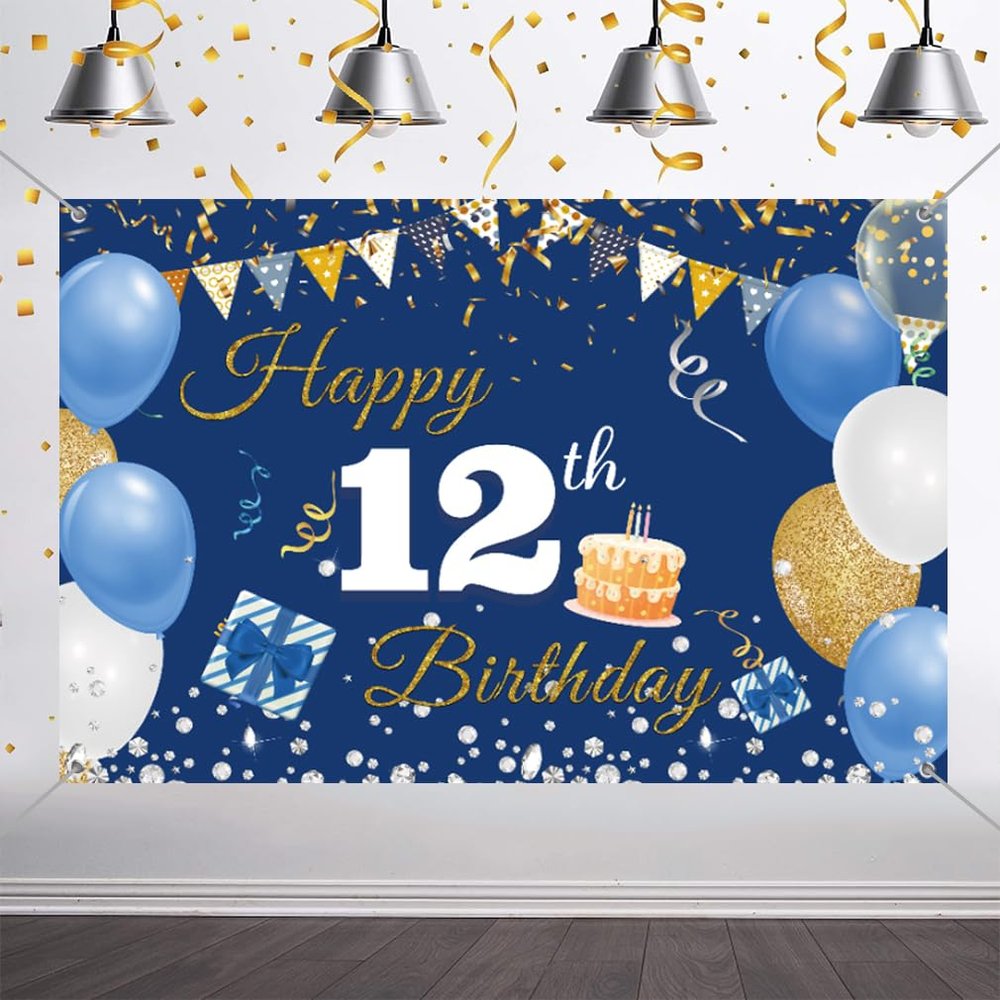 12th Birthday Decorations Backdrop Banner for Boys/Girls Happy 12 Years Old Fabric Sign Poster, Blue Photography Background 12th Birthday Party Supplies, 59"x35.4"