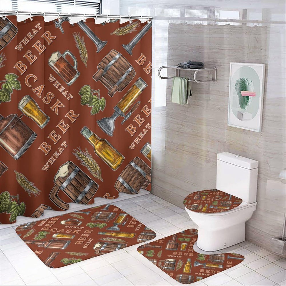 FBMLBRB Brebasf Brewed Beer 4 Pcs Waterproof Shower Curtain Set Abstract Retro Beer Theme Cool Summer Day with Waterproof Toilet Cover Shower Mat Rugs-72 W X 72" L
