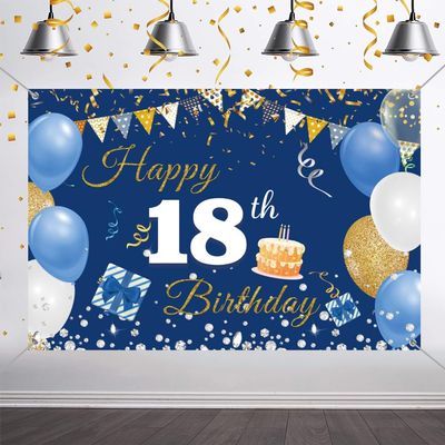 18th Birthday Decorations Backdrop Banner for Boys/Girls Happy 18 Years Old Fabric Sign Poster, Blue Photography Background 18th Birthday Party Supplies, 59"x35.4"