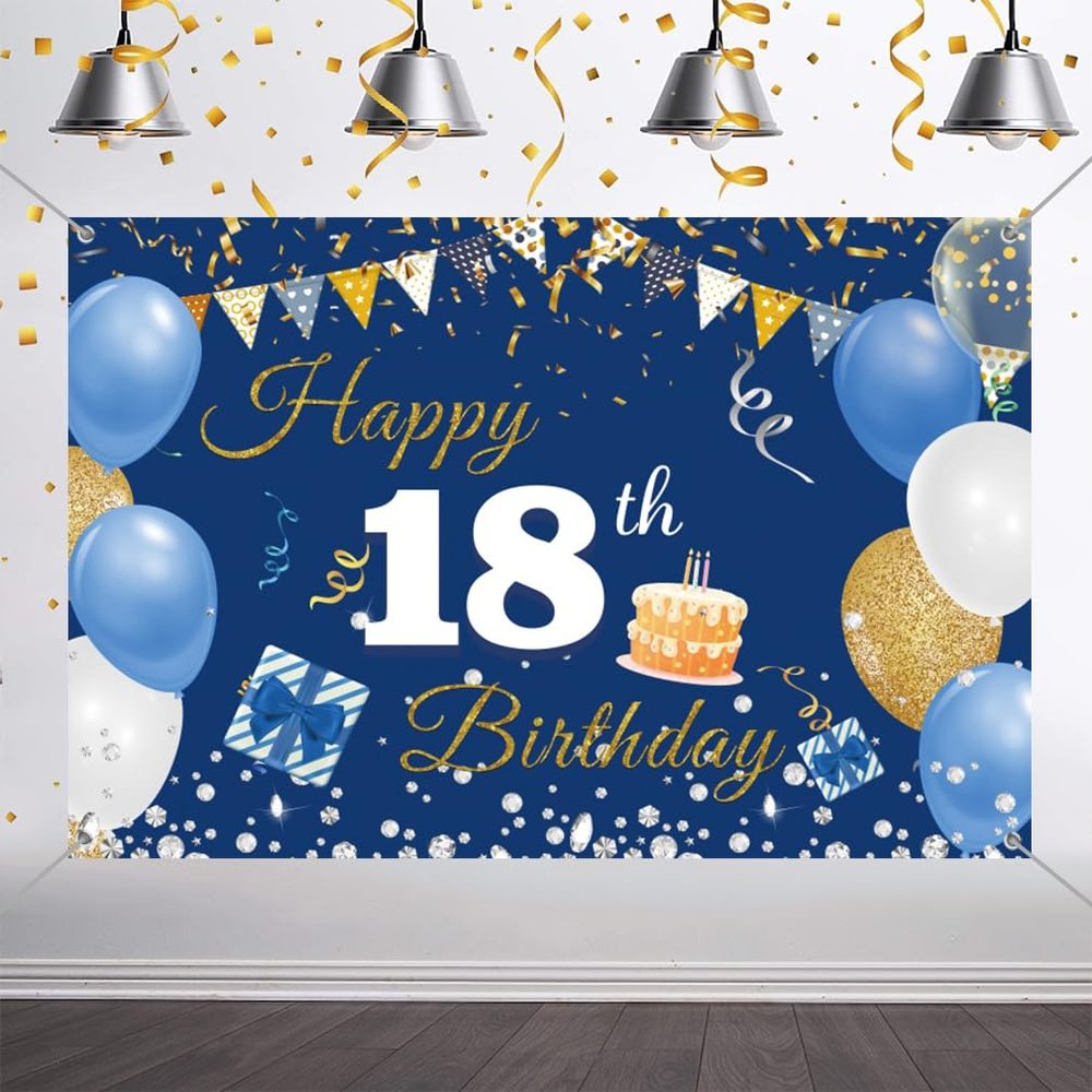 18th Birthday Decorations Backdrop Banner for Boys/Girls Happy 18 Years Old Fabric Sign Poster, Blue Photography Background 18th Birthday Party Supplies, 59"x35.4"