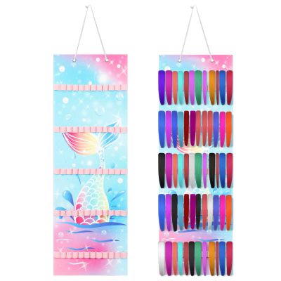 Tudomro Hanging Headband Holder for Girls Felt Hair Accessories Organizer with 60 Elastic Bands Bow Hanger for Girls Hair Bows Without Headbands(Mermaid,Bright Color)