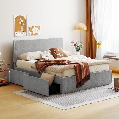 Full Size Bed Frame with 4 Storage Drawers, Modern Upholstered Platform Bed with White Edge On The Headboard & Footboard, Wood Slat Support, No Box Spring Needed (Gray-Full)