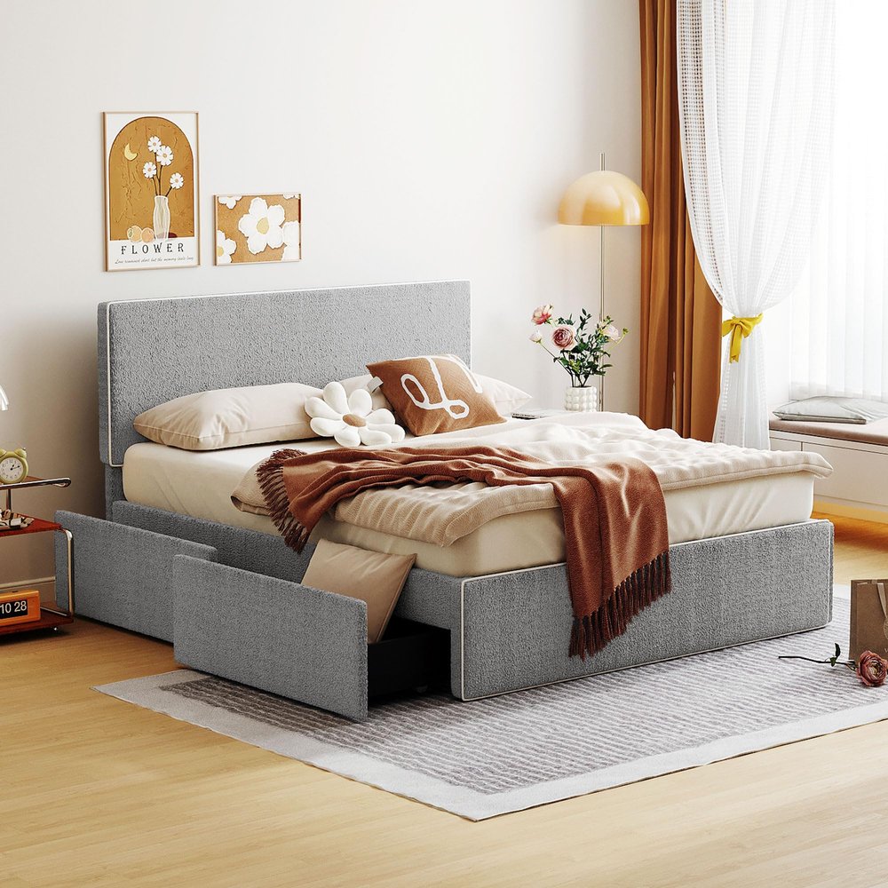 Full Size Bed Frame with 4 Storage Drawers, Modern Upholstered Platform Bed with White Edge On The Headboard & Footboard, Wood Slat Support, No Box Spring Needed (Gray-Full)