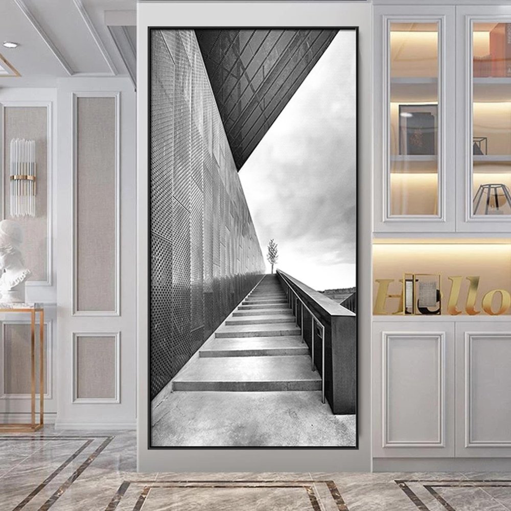 Abstract Black White Building Space Wall Art Canvas Paintings Picture Poster Wall Painting for Living Room Home Decor 40x80cm(16x31in blackframe