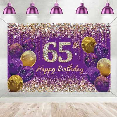 65th Birthday Decoration Women, Purple Fabric Sign Poster Birthday Party Decoration Background Banner Women, 65th Birthday Party Decoration, 59"x35.4"