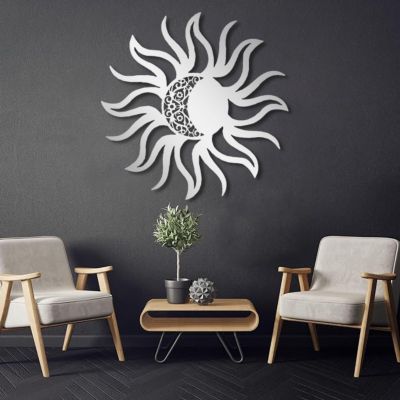 Metal Sun Wall Decor, Sun with Moon Inset Wall Art, Wacky Sun Metal Wall Art, Metal Sun and Moon Wall Art, Sun Line Art Wall Decor, Metal Wall Art Home Decor, Outdoor Decor (Silver, 23"x23"|60x60cm)